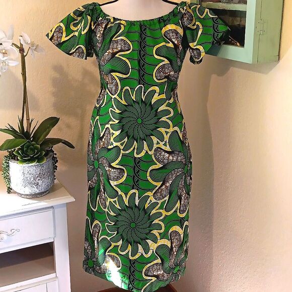 African Wax Print Green Floral Off-Shoulder Dress Handmade One of A Kind - Picture 2 of 11